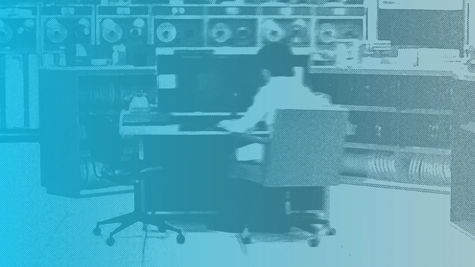 Akeepo key visual: a vintage computer room washed in Akeepo blue